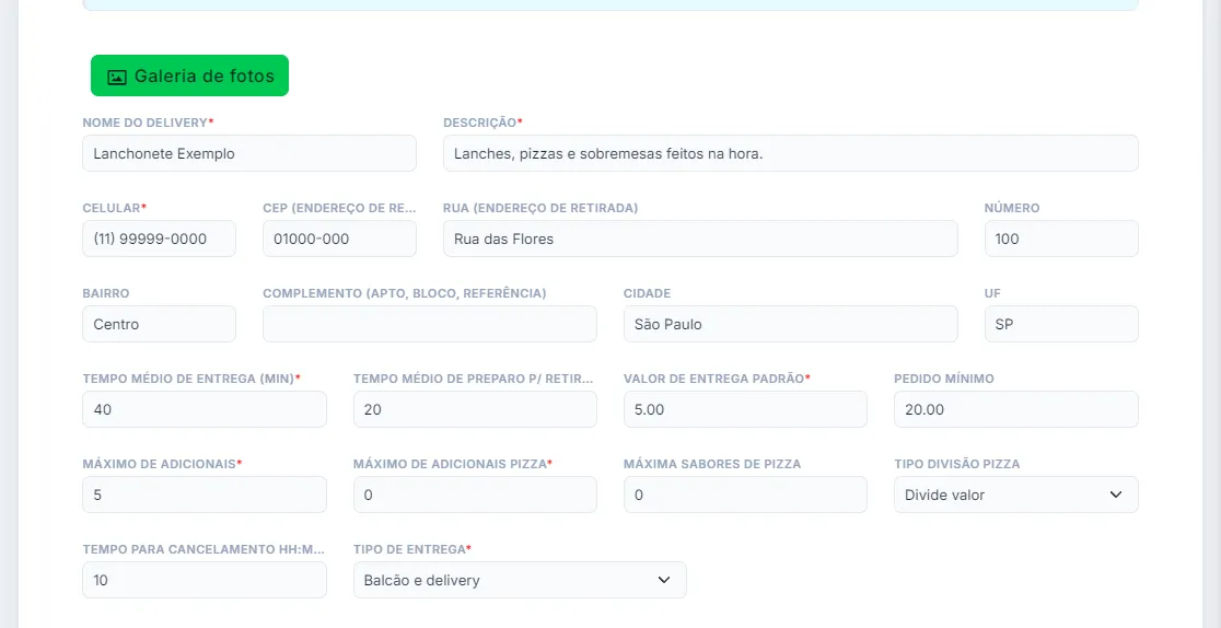 Tela Aparência do Catálogo com nome, descrição, celular, endereço, tempos, valor de entrega e tipo de entrega