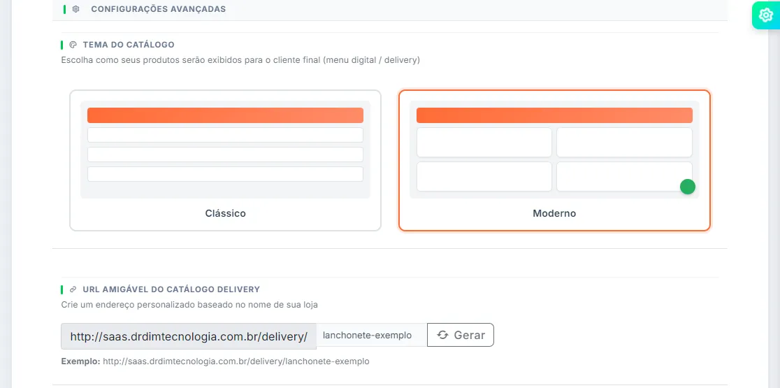 Tema do catálogo Clássico ou Moderno e campo da URL amigável do catálogo