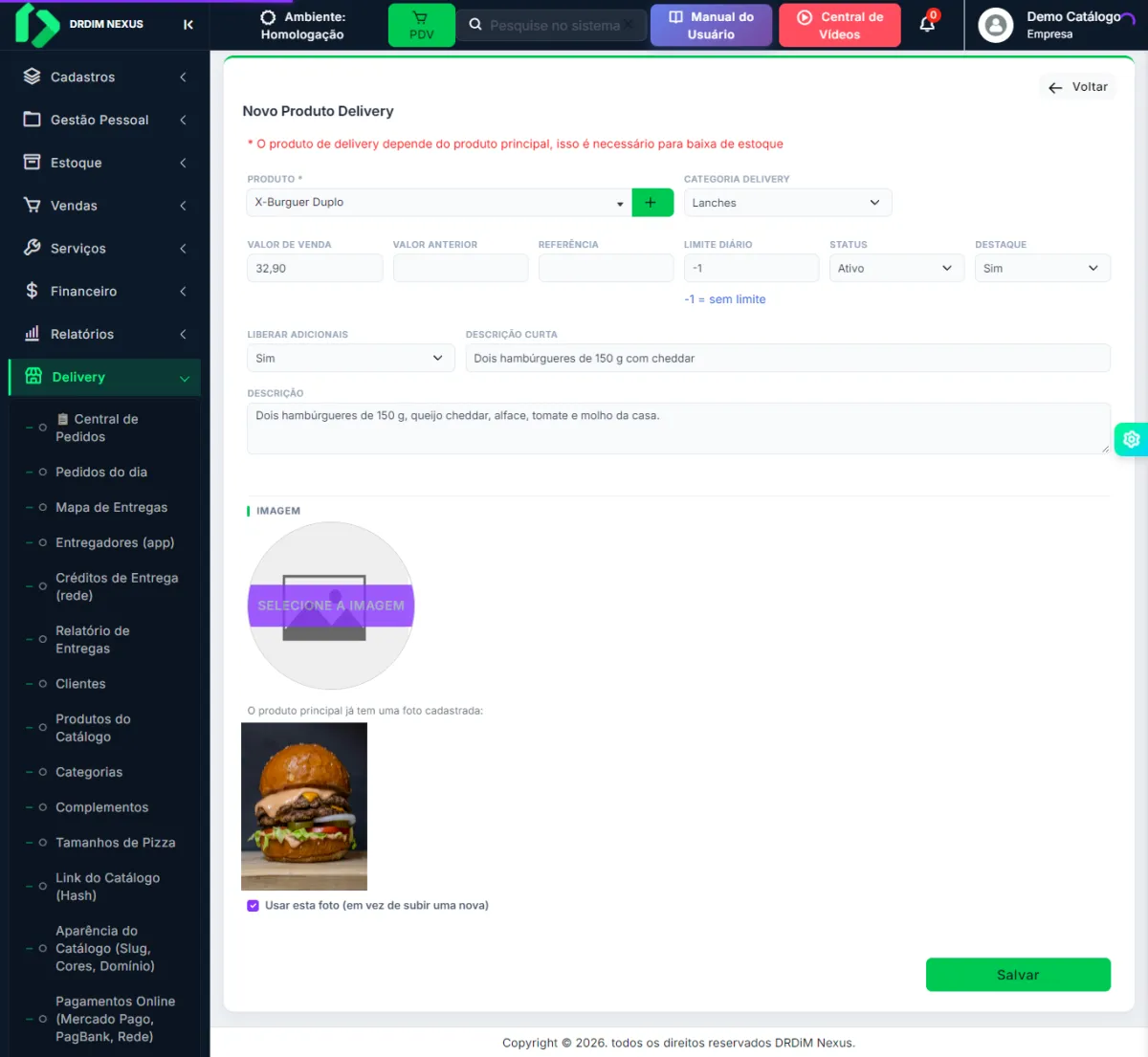 Formulário Novo Produto Delivery preenchido, usando a foto do produto principal