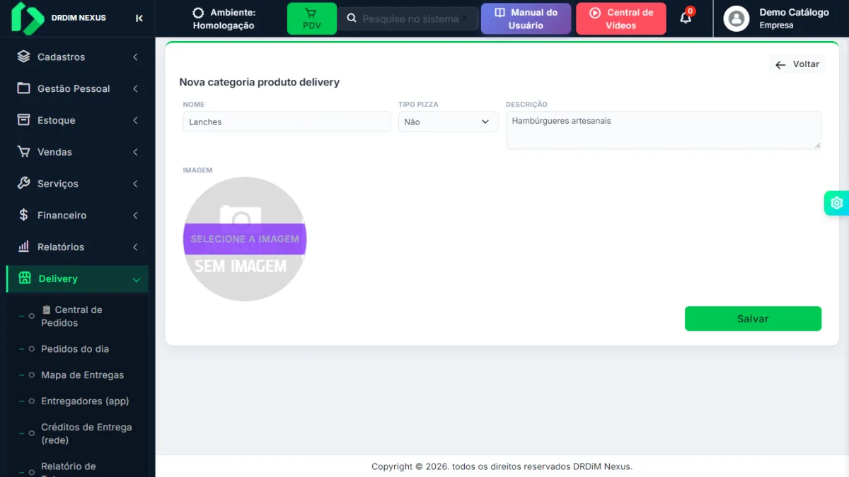 Formulário Nova categoria produto delivery preenchido com a categoria Lanches